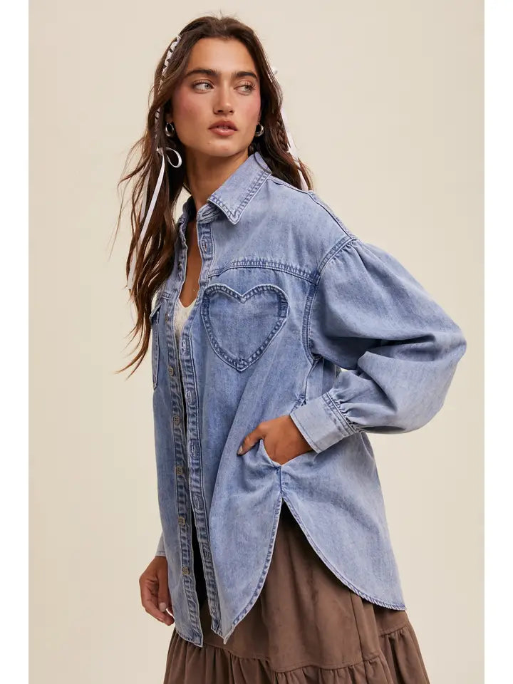 Heart Patch Oversized Denim Shirt