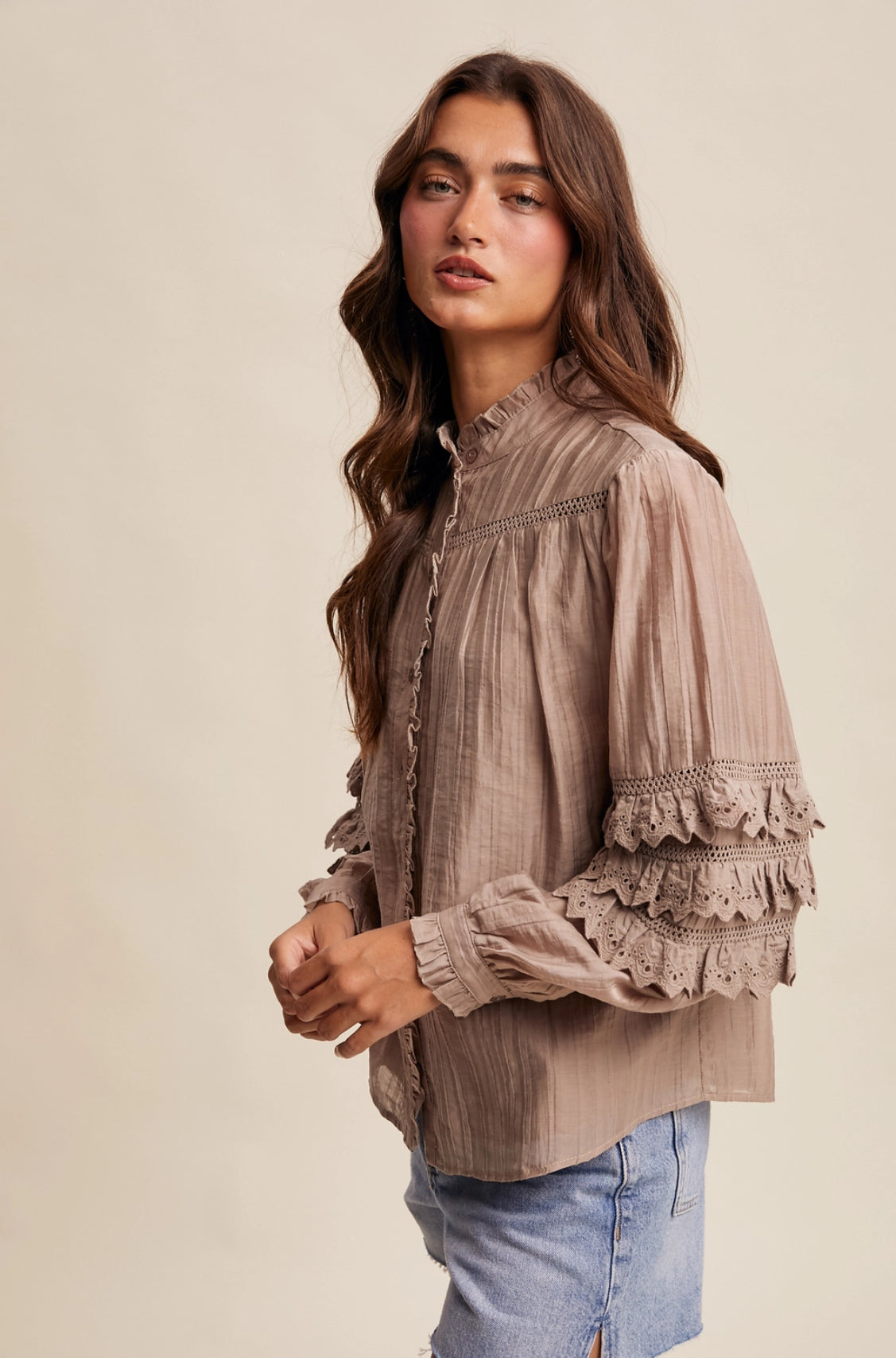 Lace Ruffle Sleeve Pintuck Top