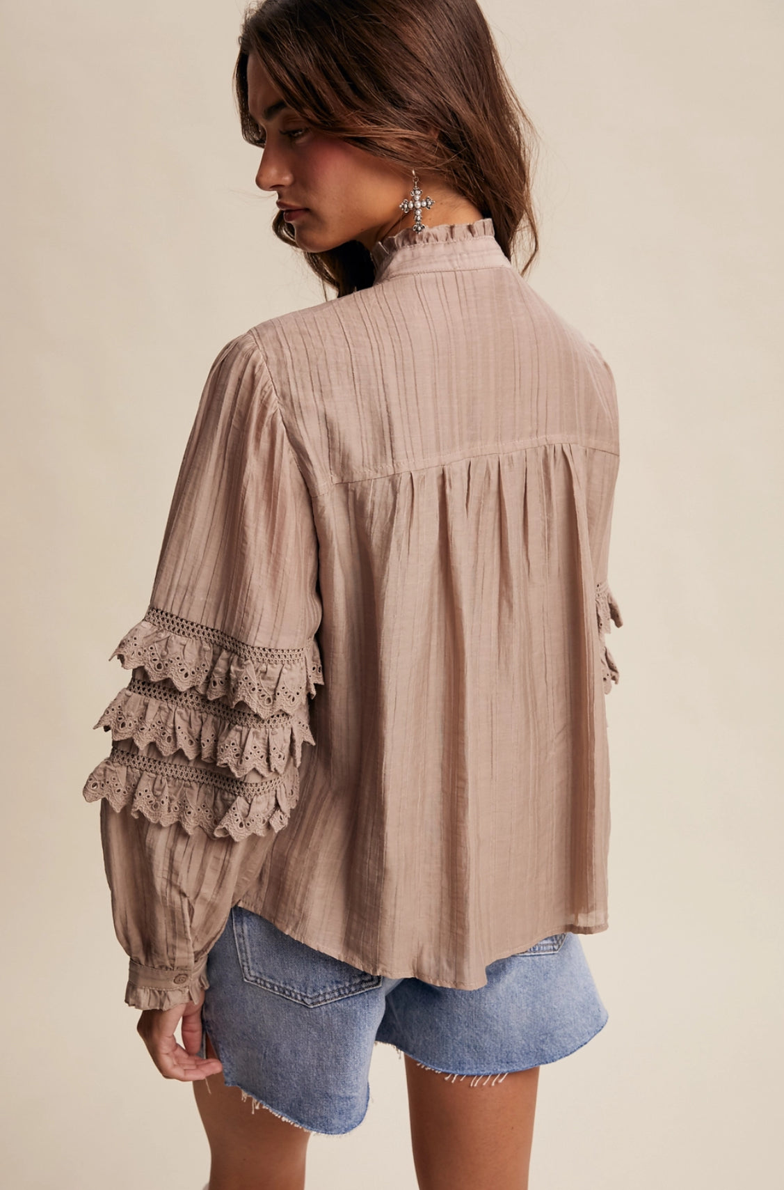 Lace Ruffle Sleeve Pintuck Top
