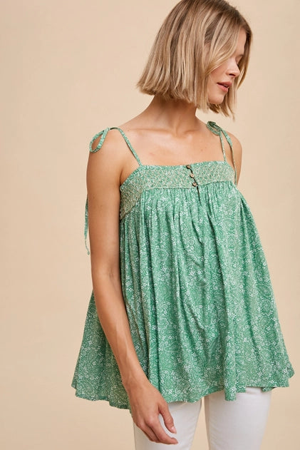 Smocked Tie-Shoulder Top in Kelly Green