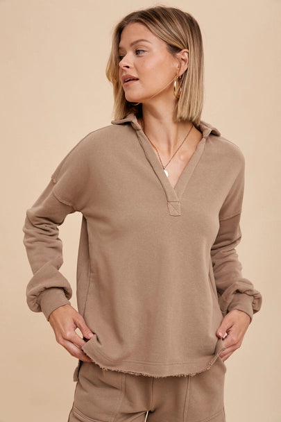 In Loom french terry collared pullover. Taupe