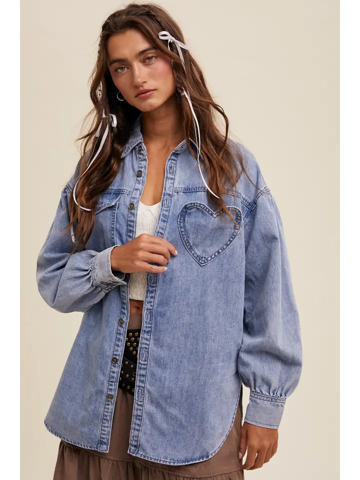Heart Patch Oversized Denim Shirt