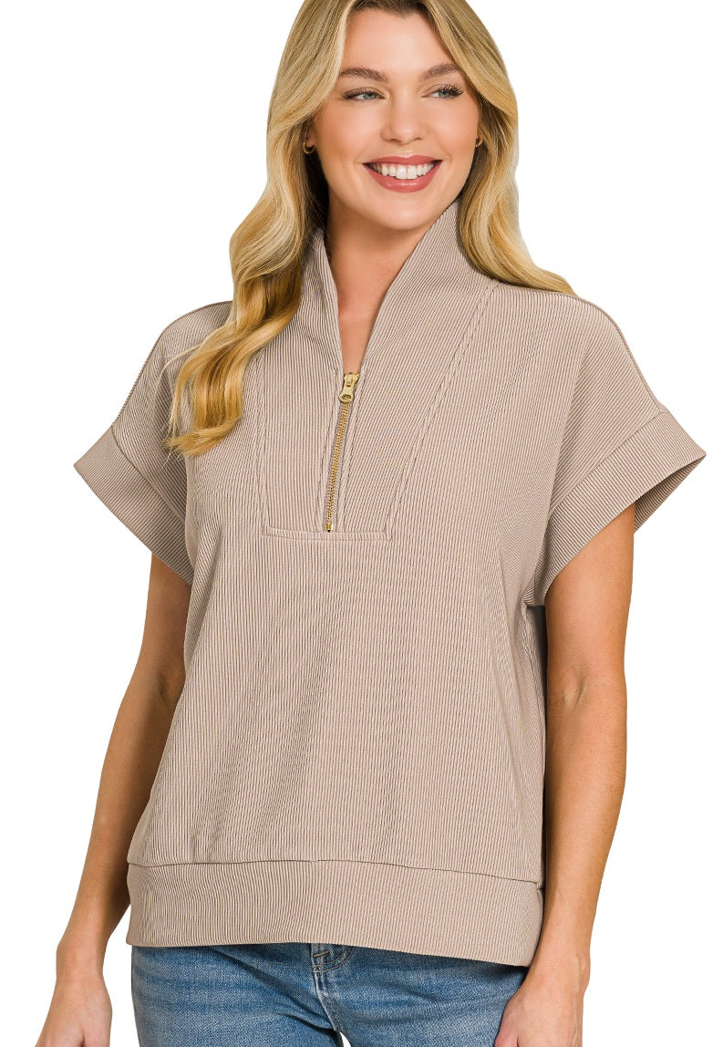 Ribbed High Neck Half Zip
