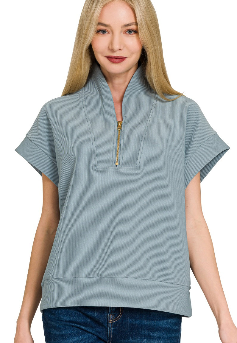 Ribbed High Neck Half Zip