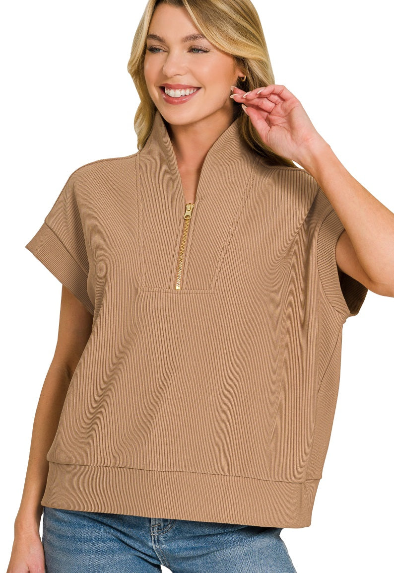 Ribbed High Neck Half Zip